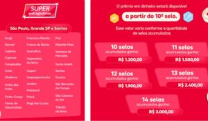 Tabela do programa Super, do iFood, mostra as cidades participantes em São Paulo, Grande SP e Santos, e os valores pagos de acordo com a quantidade de selos acumulados pelos entregadores, com prêmios a partir de 10 selos e valores entre R$ 1.200 e R$ 3.000.