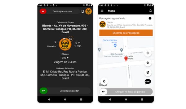 “Dois prints de tela do aplicativo de corridas da VoeCafé no celular. O primeiro mostra uma solicitação de corrida com endereço de origem, destino, valor e tempo estimado. O segundo mostra um mapa com o local do passageiro e o botão ‘Encontre seu Passageiro’