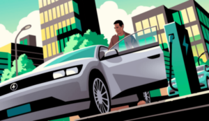 Ilustração de um homem ao lado de um carro elétrico cinza em estação de recarga, com prédios ao fundo.