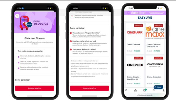Três telas de smartphone exibindo interface de aplicativo com ofertas especiais para ingressos de cinema, instruções de resgate de benefício e lista de redes de cinema com descontos.