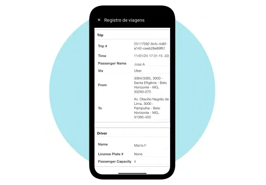 Tela de smartphone exibindo registro de viagem do Uber com detalhes como número da corrida, horário, passageiro, motorista e trajeto.