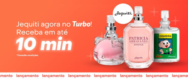 Banner promocional da Jequiti com perfumes e mensagem de entrega em até 10 minutos no Turbo.