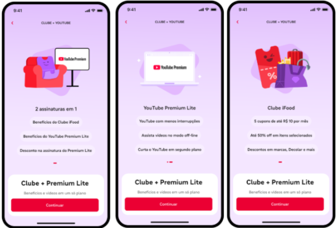 Três telas de aplicativo exibindo benefícios do plano Clube + Premium Lite, com vantagens do YouTube Premium Lite e Clube iFood em um smartphone.
