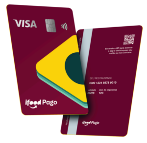 Cartão Visa iFood Pago nas versões frente e verso, com design nas cores vinho, amarelo e verde, exibido sobre fundo cinza.