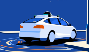 Ilustração de um carro branco autônomo circulando em uma pista estilizada azul, com elementos gráficos que sugerem tecnologia e direção automatizada.