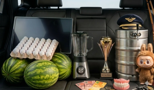 Interior de um carro com vários objetos no banco traseiro, incluindo melancias, ovos, liquidificador, troféu, barril, boné de piloto, dinheiro, dentadura e um boneco de pelúcia.