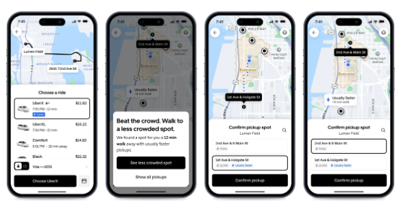 Quatro telas do aplicativo da Uber mostram recursos de embarque e transporte para eventos, com mapas, pontos de encontro sugeridos e opções de corrida após grandes aglomerações.