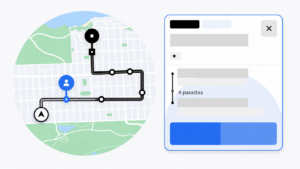 Ilustração de mapa com rota de viagem e painel de aplicativo indicando trajeto com 4 paradas.