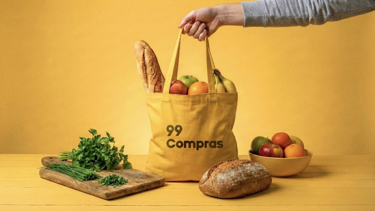 Mão segura sacola amarela da 99 Compras com frutas e pão, ao lado de verduras, uma tigela de frutas e outro pão sobre mesa amarela.