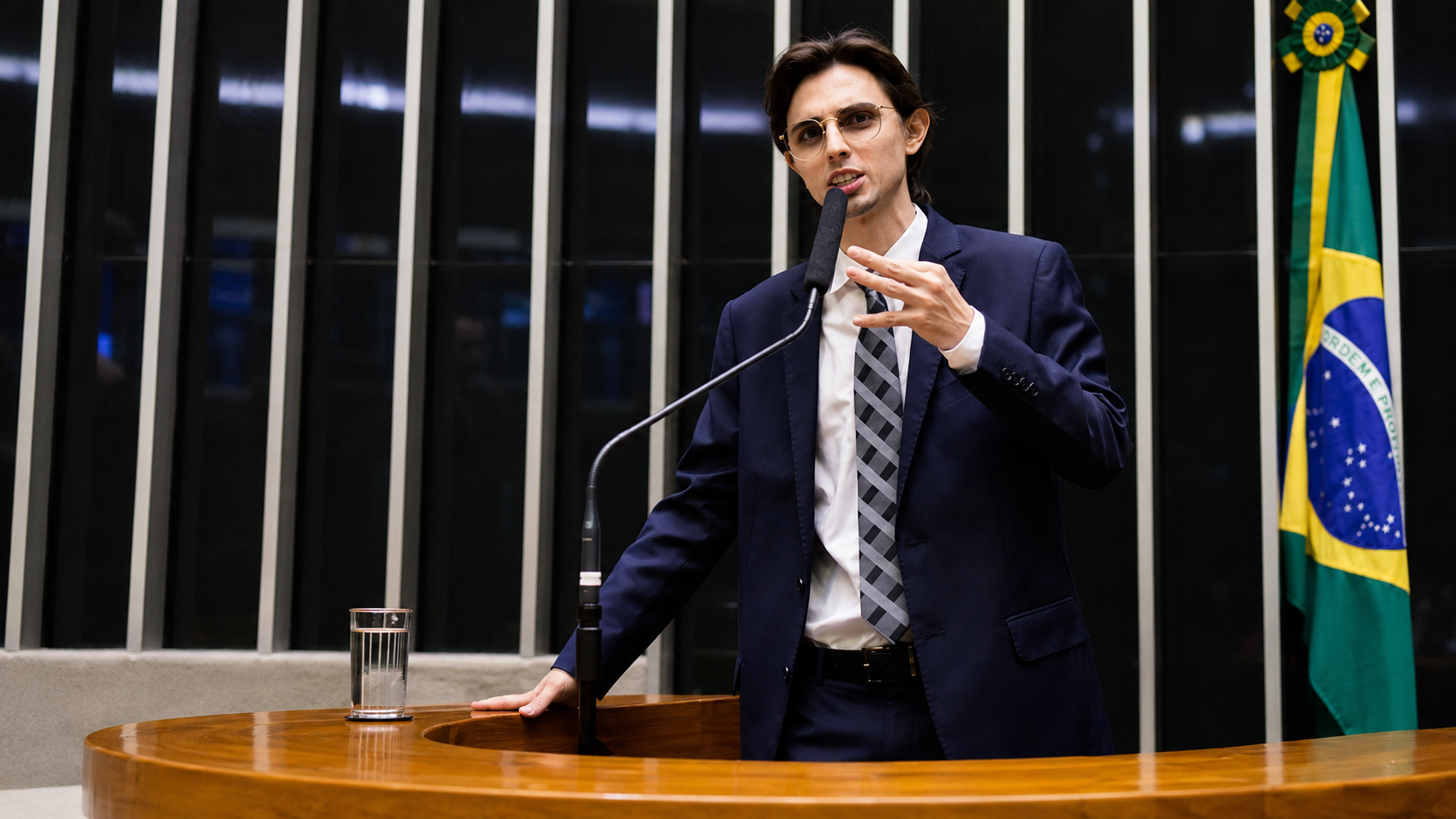 Homem de terno e gravata discursa em uma tribuna, com microfone, copo de água e bandeira do Brasil ao fundo.