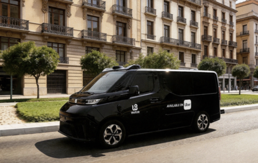 Ilustração do robotáxi GXR da WeRide e da Uber circulando por uma via urbana em Madrid.
