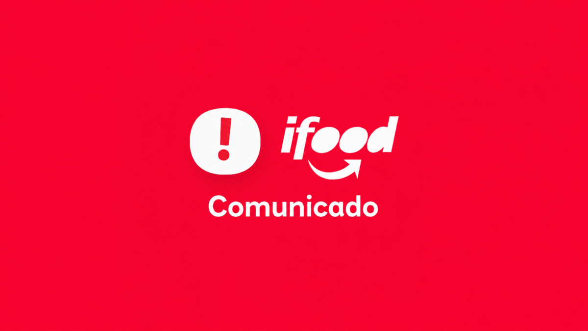 Logo do iFood em branco sobre fundo vermelho, acompanhada de ícone de alerta e da palavra “Comunicado”.