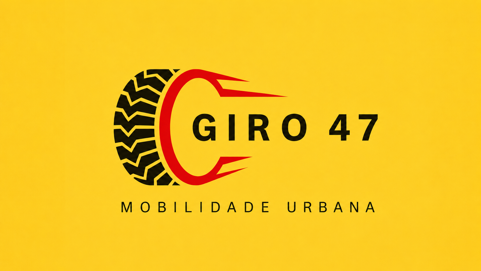 Logotipo Giro 47 Mobilidade Urbana, com símbolo vermelho inspirado em movimento e pneu preto sobre fundo amarelo.