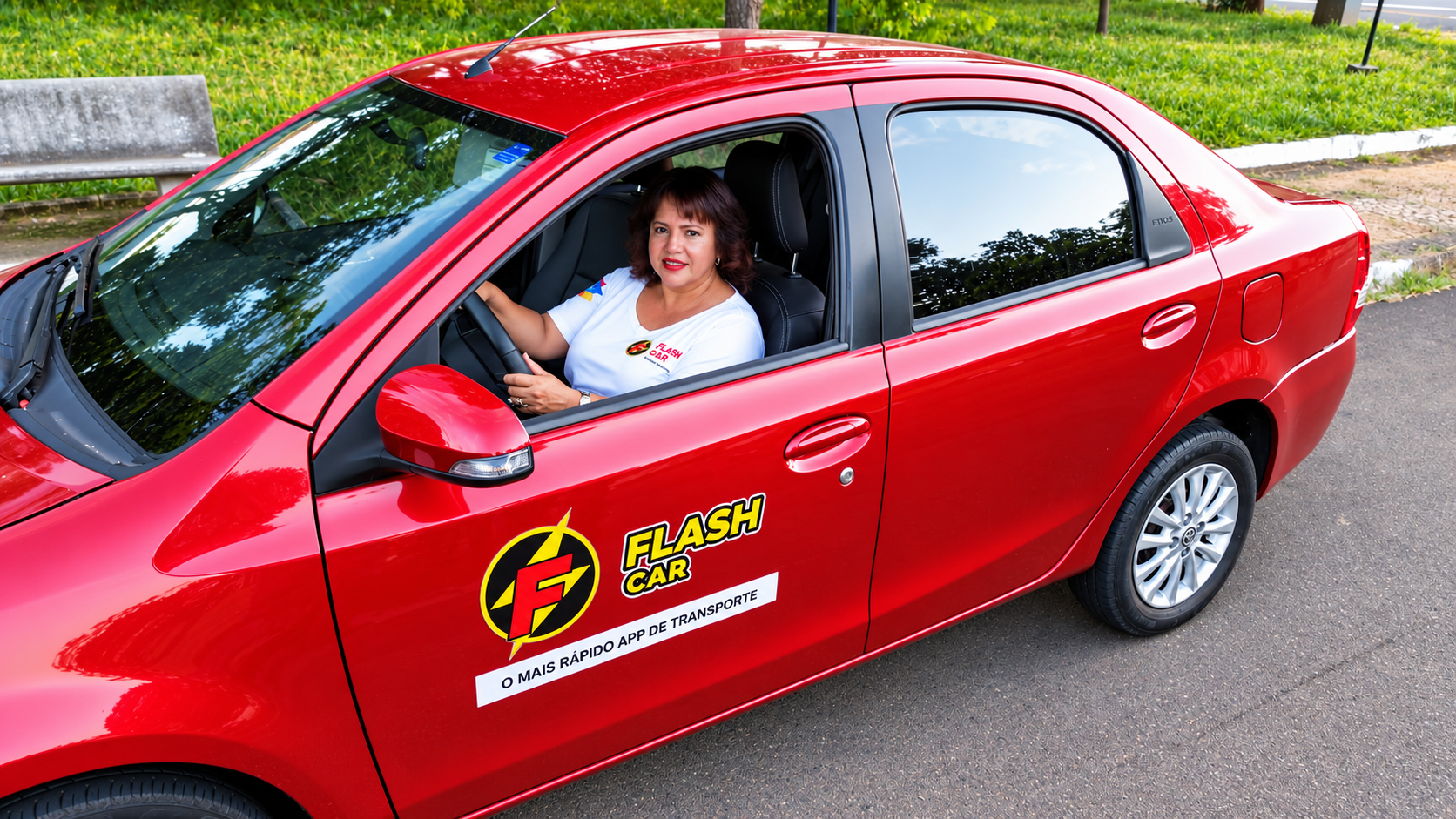 Mulher ao volante de um carro vermelho identificado com a marca Flash Car, estacionado em uma via ao lado de uma área verde.