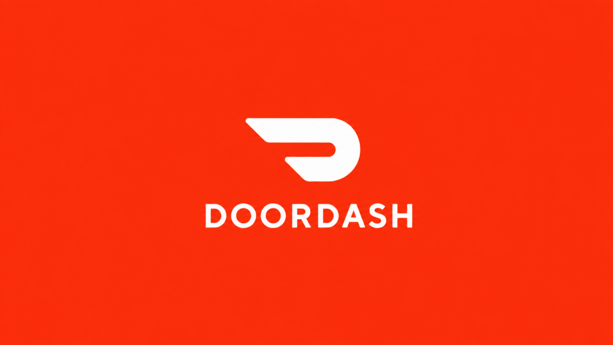 Logo da DoorDash em branco sobre fundo vermelho.