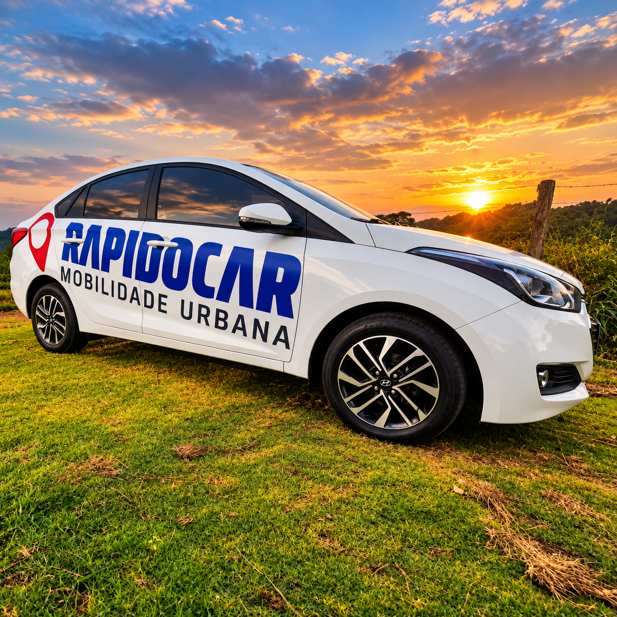 Carro branco da Rapidocar Mobilidade Urbana estacionado em área gramada, com vegetação e céu ao fundo.