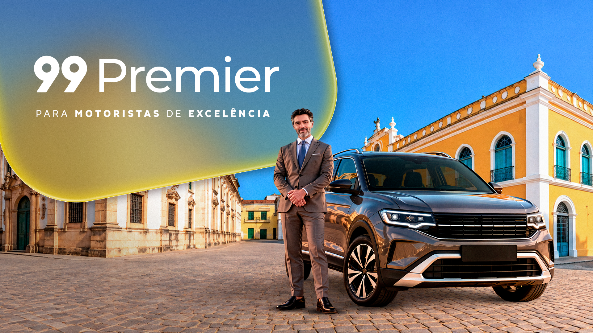 Material de divulgação da 99Premier mostra motorista ao lado de carro premium em cenário urbano de Recife.