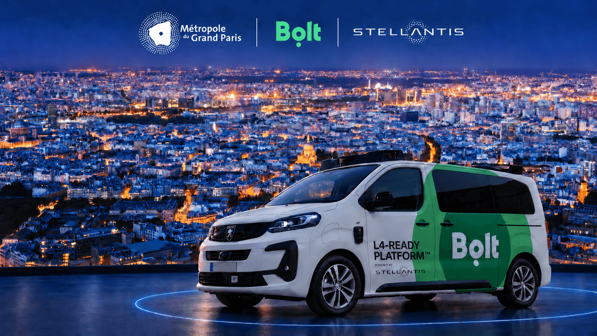 Veículo autônomo com identidade visual da Bolt e tecnologia da Stellantis, com a cidade de Paris ao fundo. Na parte superior, aparecem os logotipos da Métropole du Grand Paris, Bolt e Stellantis.
