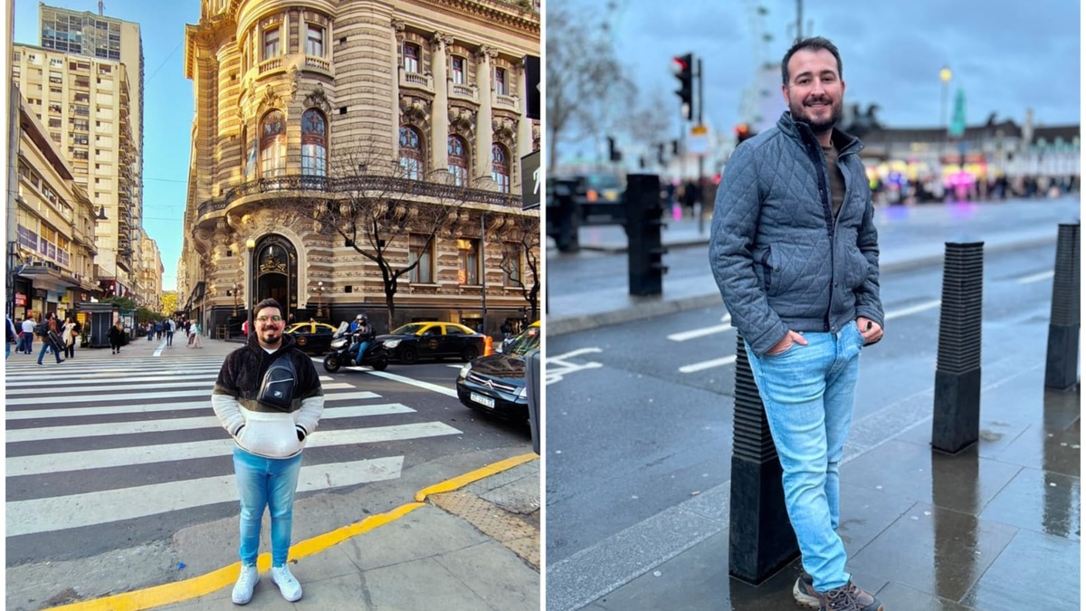 Montagem com duas fotografias de um homem em ruas de Buenos Aires, na Argentina, e Londres, no Reino Unido.