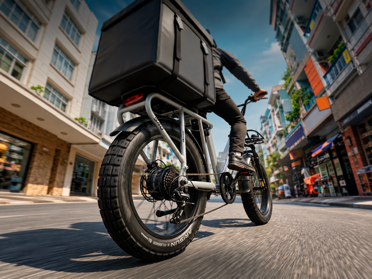 Entregador conduz bicicleta elétrica equipada com uma grande mochila de entregas preta em uma rua urbana, cercada por prédios comerciais e residenciais.